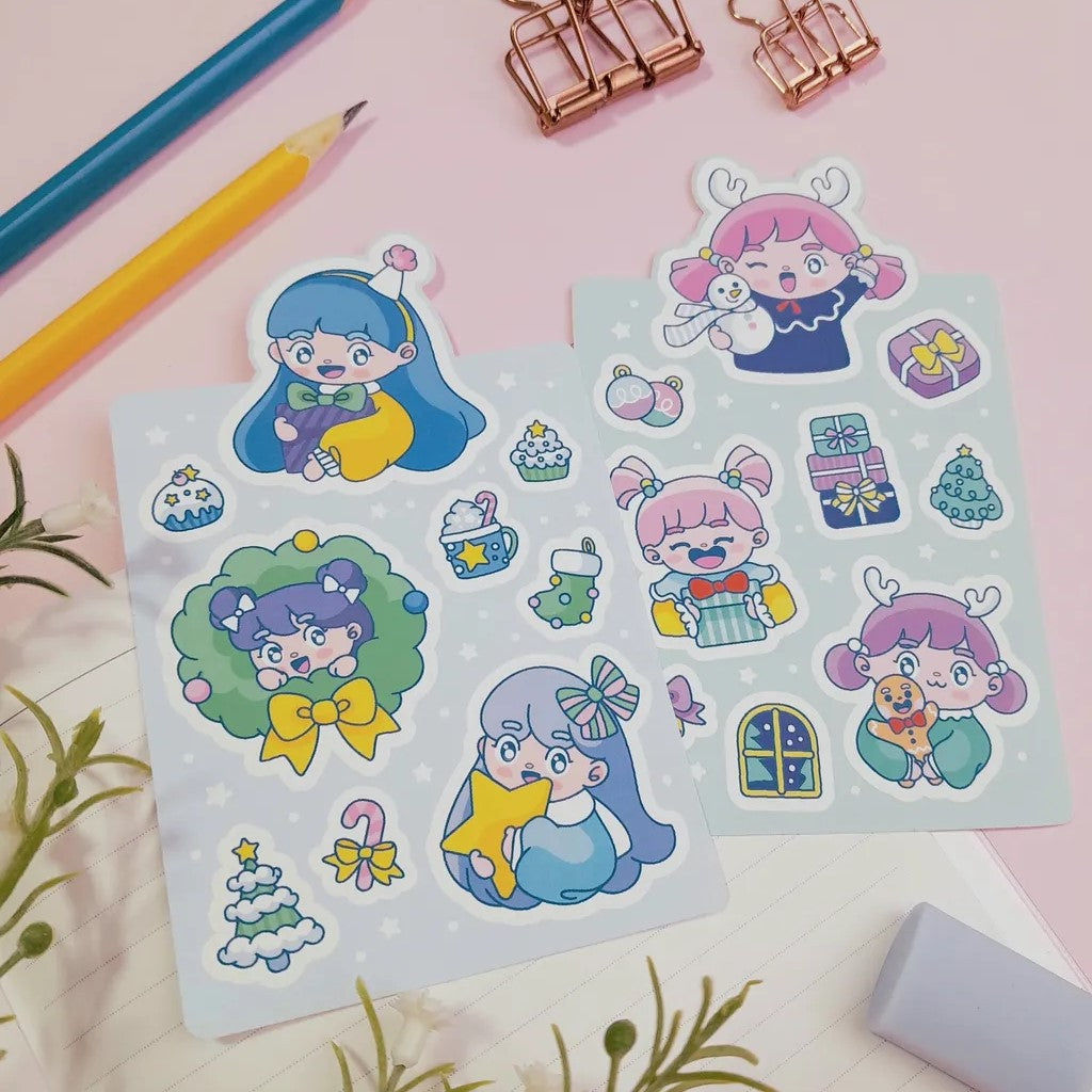 Matte Sticker Sheet | Chibi Christmas | Pink Haired Girl