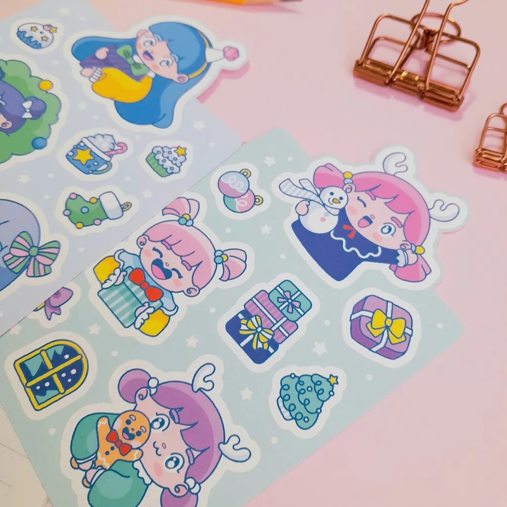 Matte Sticker Sheet | Chibi Christmas | Pink Haired Girl