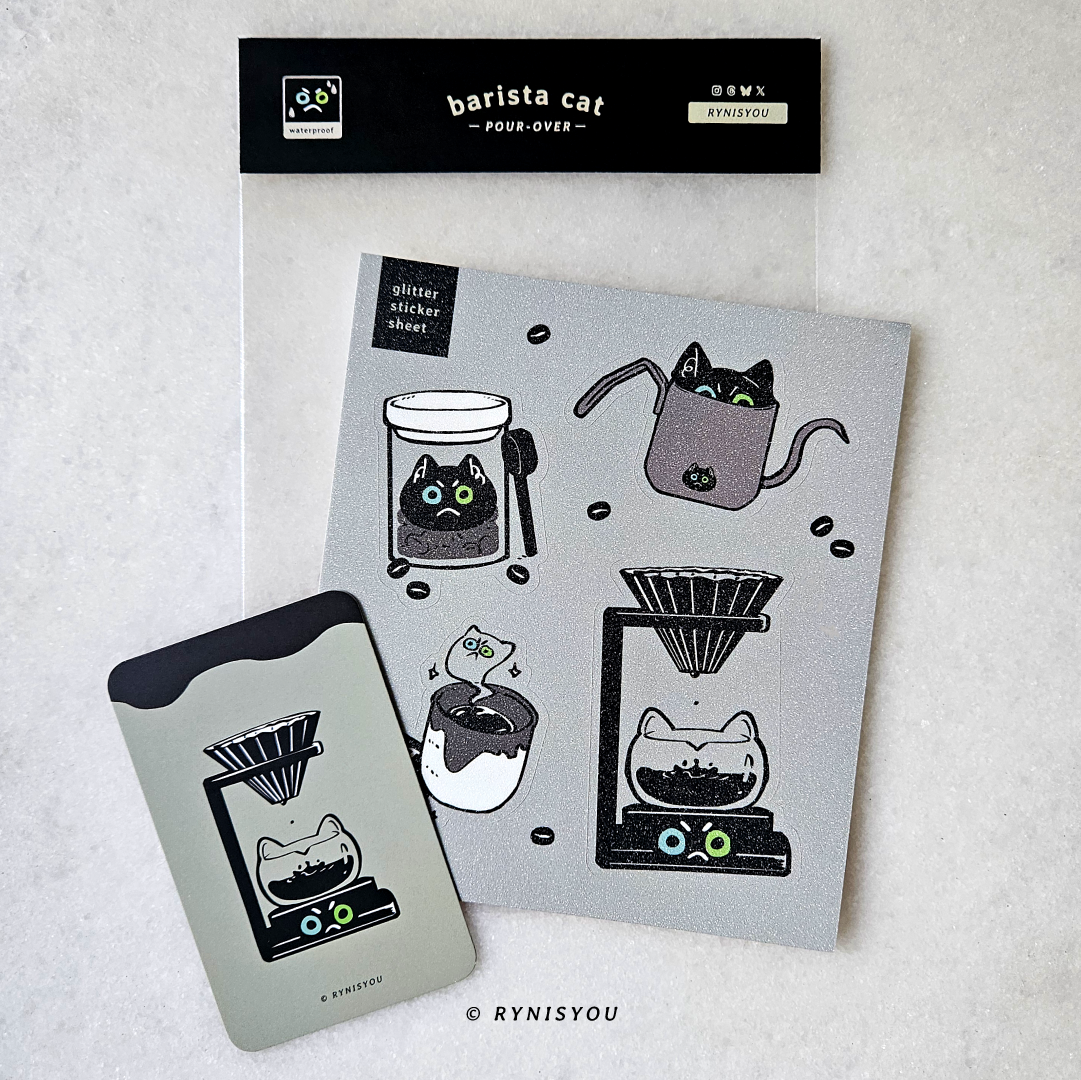 Barista Cat - Pour-Over - Waterproof Glitter Sticker Sheet