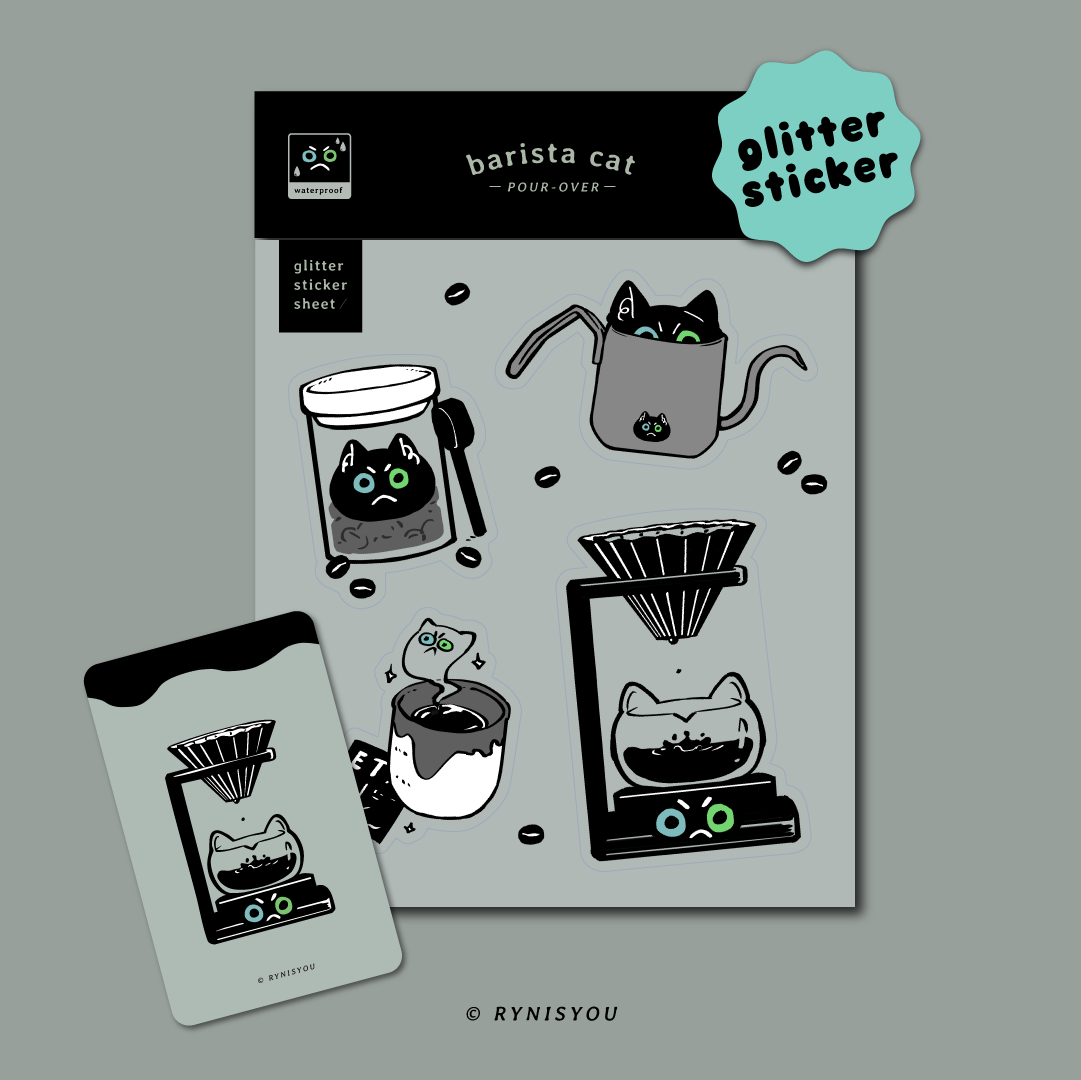 Barista Cat - Pour-Over - Waterproof Glitter Sticker Sheet