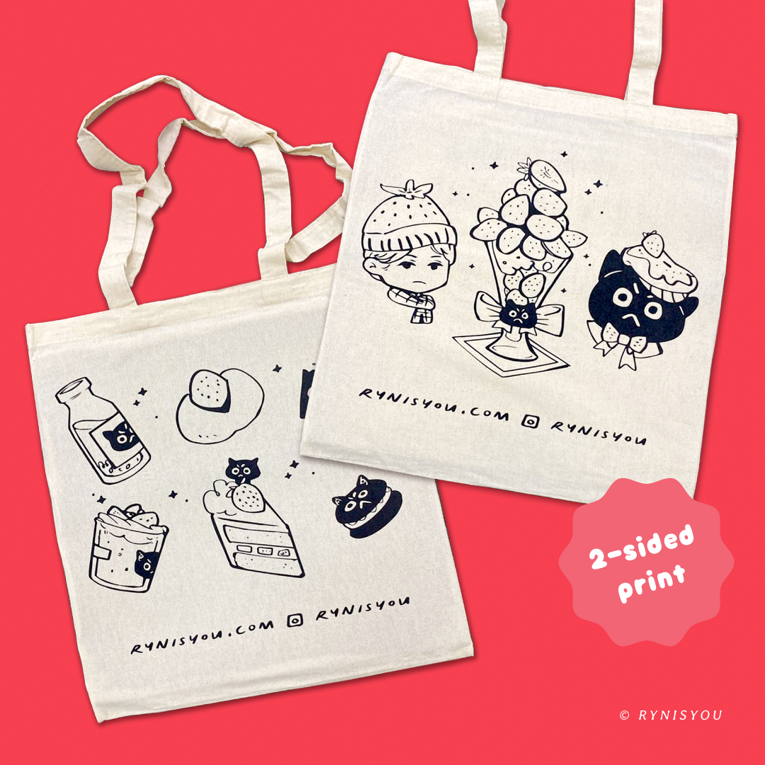 Strawberry Cat Totebag - Off-White / Natural Cotton