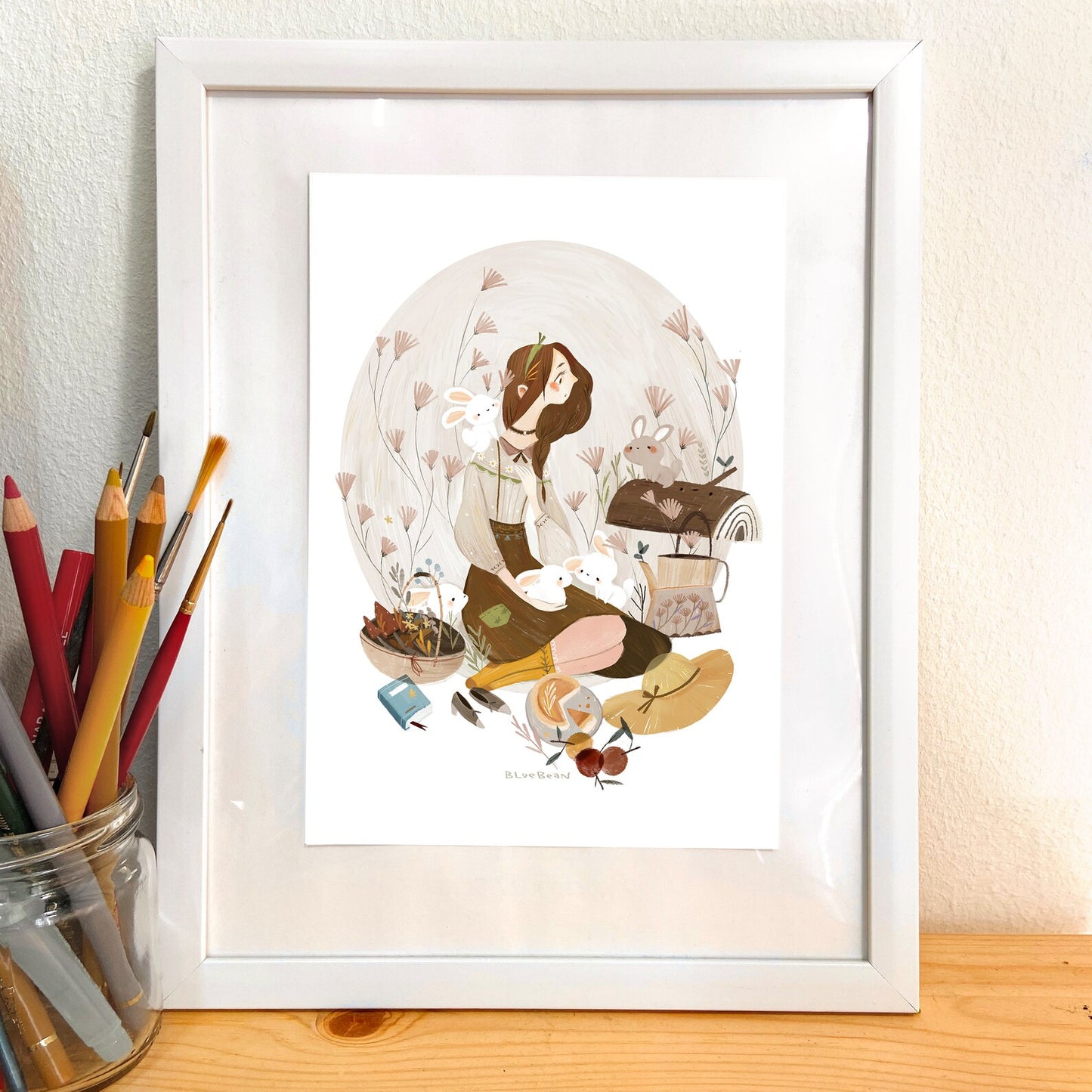 BlueBean Picnic with Bunny Illustration / Art Print