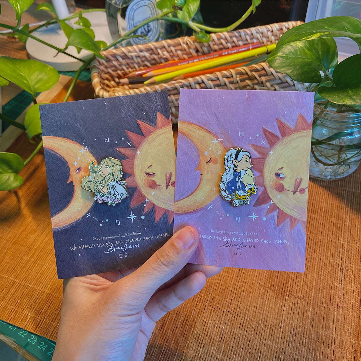 BlueBean Sun & Moon Girl Enamel Pin (Moon Girl, Sun Girl)