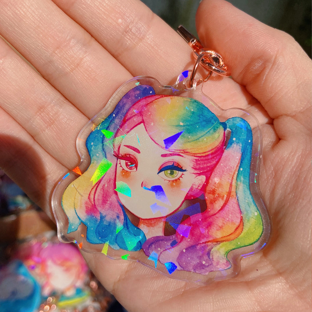 Rainbow Glitter Watercolor Double-sided Keychain