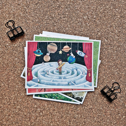 afu A6 Postcard | Bunny, Girl & Planets