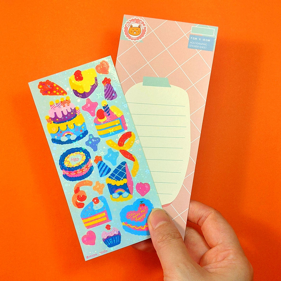 Miaw soda by Hsieying - Cake party! (blue) Holographic Sticker Sheet