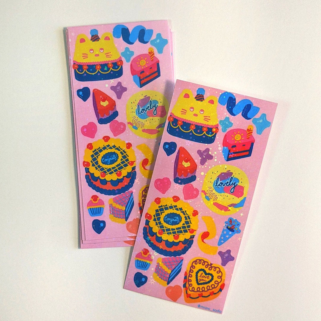 Miaw soda by Hsieying - Cake party! (pink) Holographic Sticker Sheet