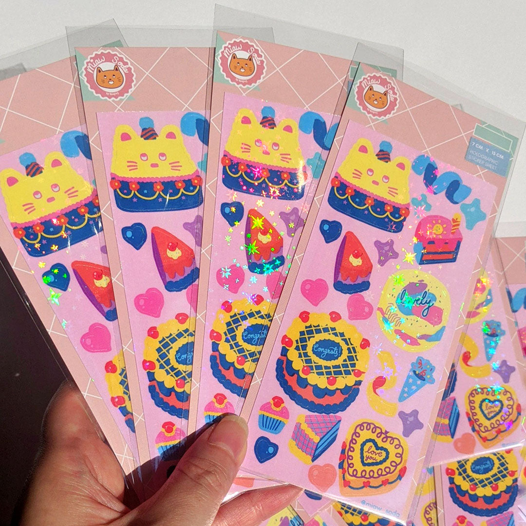 Miaw soda by Hsieying - Cake party! (pink) Holographic Sticker Sheet