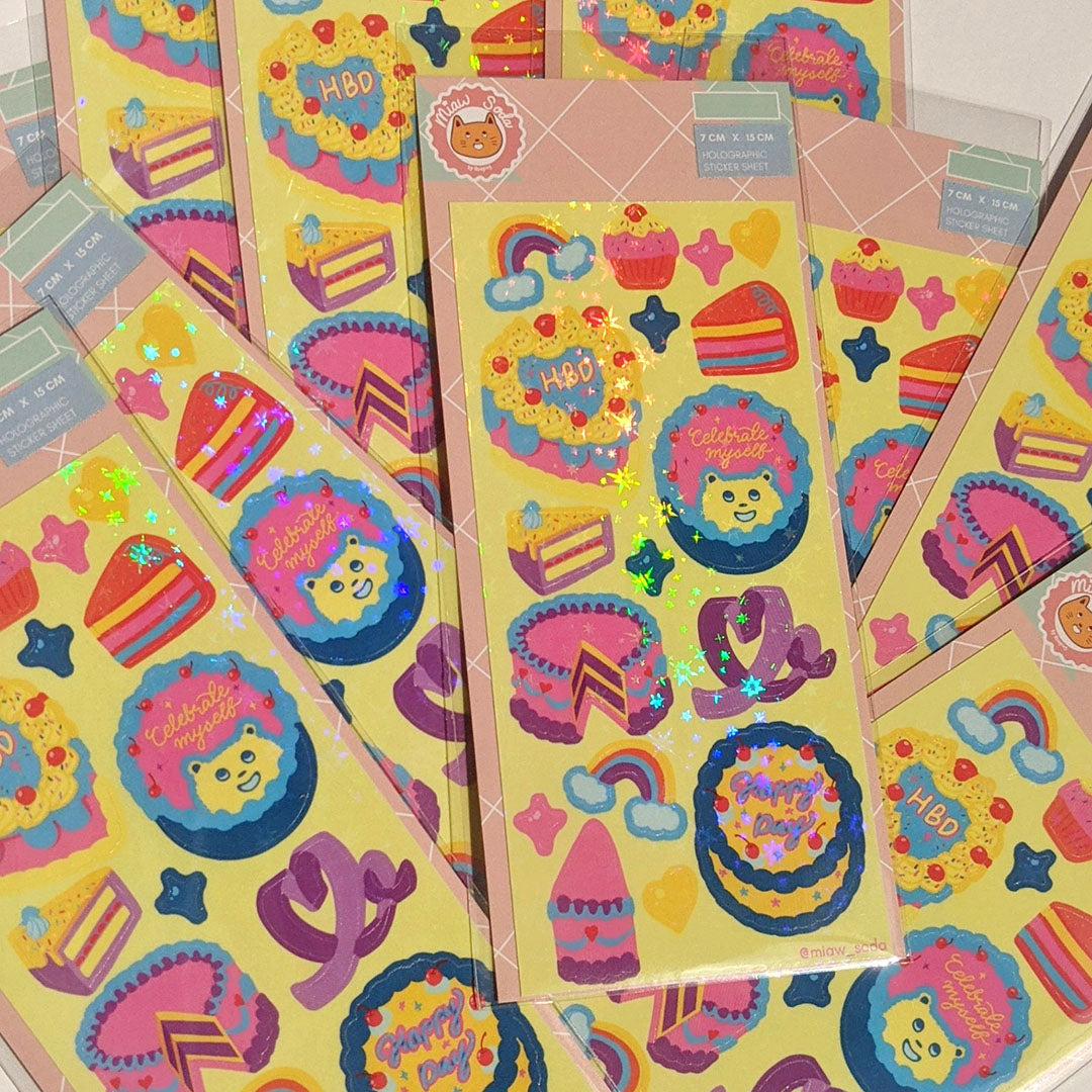 Miaw soda by Hsieying- Cake party! (yellow) Holographic Sticker Sheet