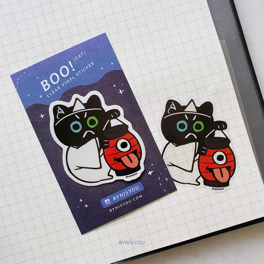 Halloween Boo! Cat (Paper Lantern Ghost) Clear Vinyl Sticker
