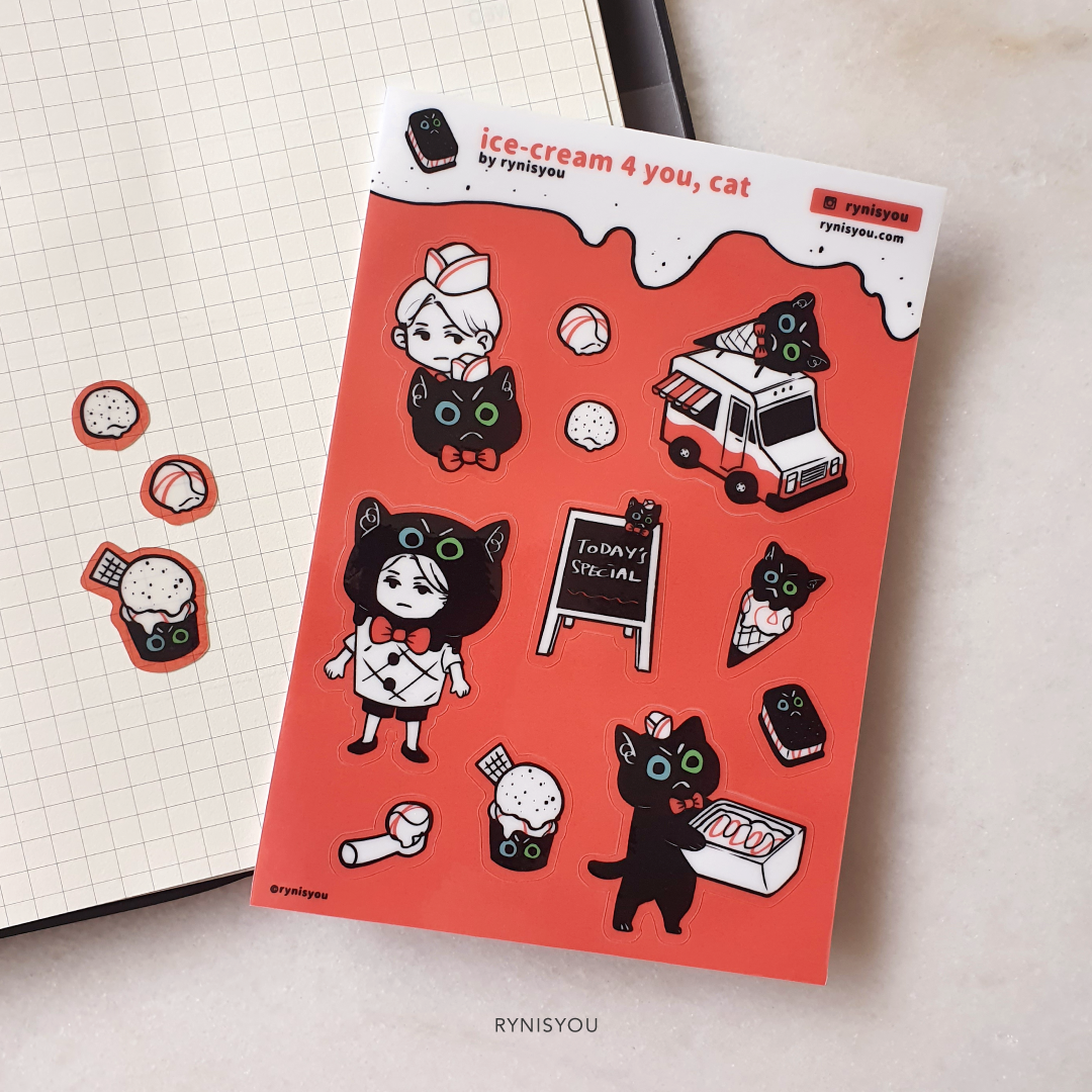 Ice-Cream 4 You, Cat Waterproof Transparent Sticker Sheet