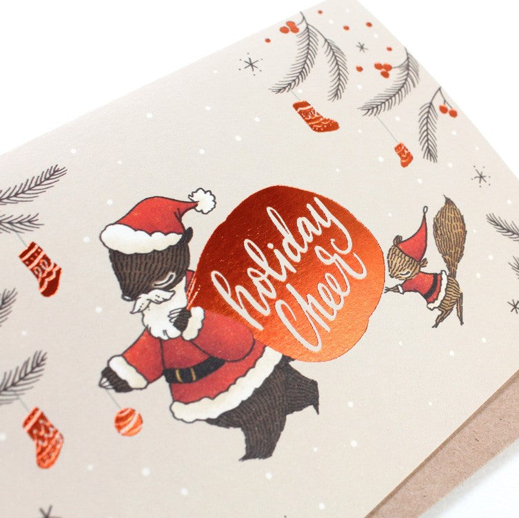 Christmas Card - Holiday Cheer, Santa Bear - Copper Foil Greeting Card