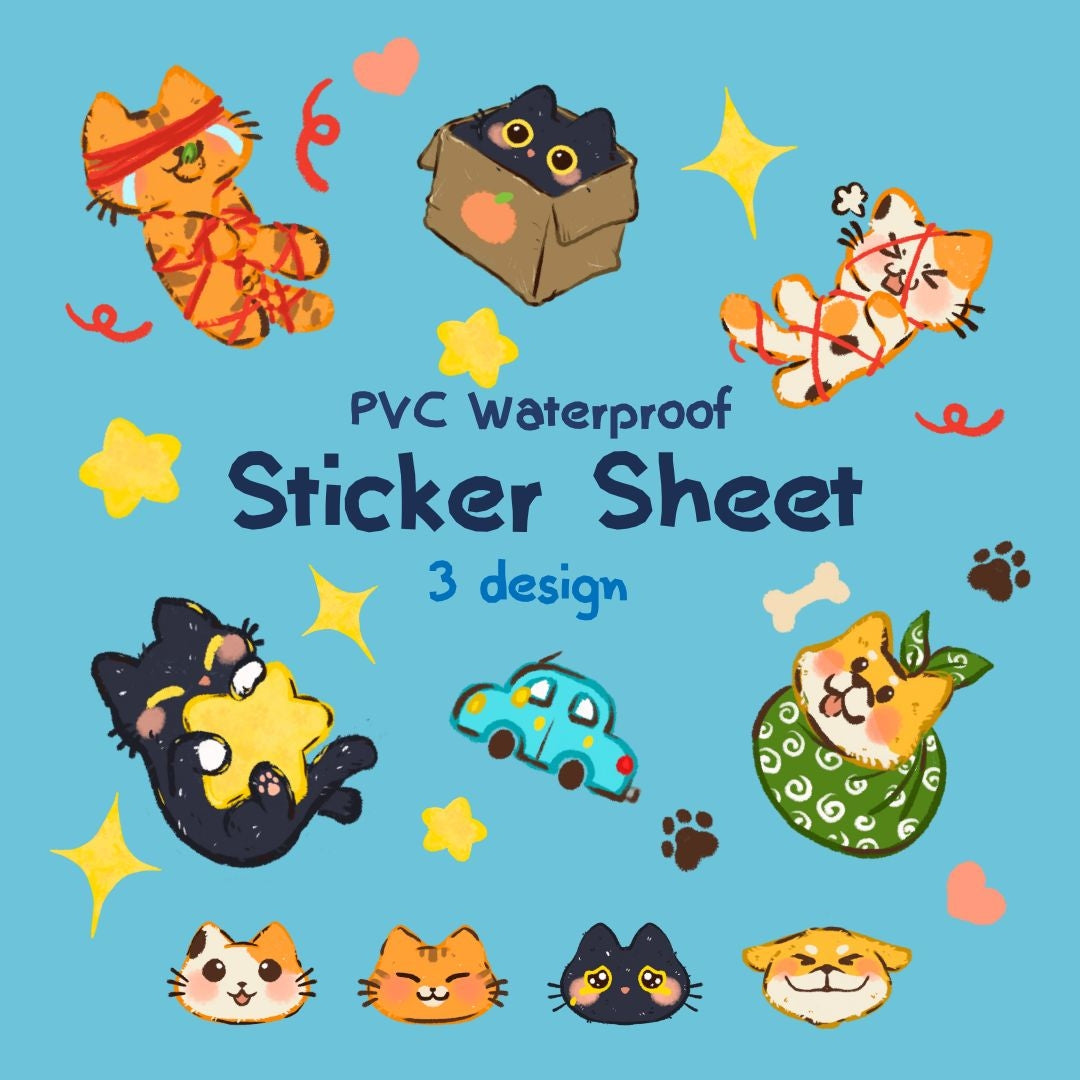 dorodotcot - PVC Sticker Sheets - Shiba | Black Cat | Orange Cats (Buy 1 Free 1!)