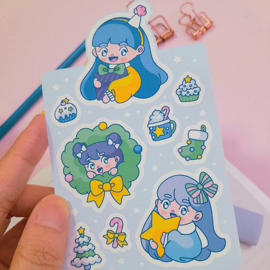 Matte Sticker Sheet | Chibi Christmas | Blue Haired Girl
