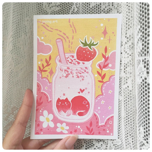 Art Print - Cat Fruit Drinks - Strawberry Cat