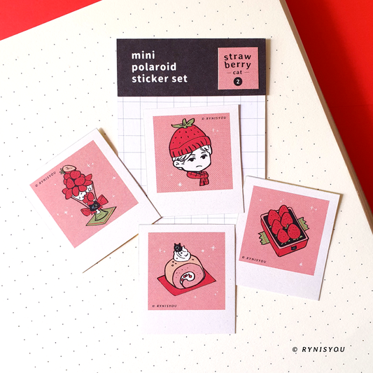 Strawberry Cat ② mini Polaroid Sticker Set
