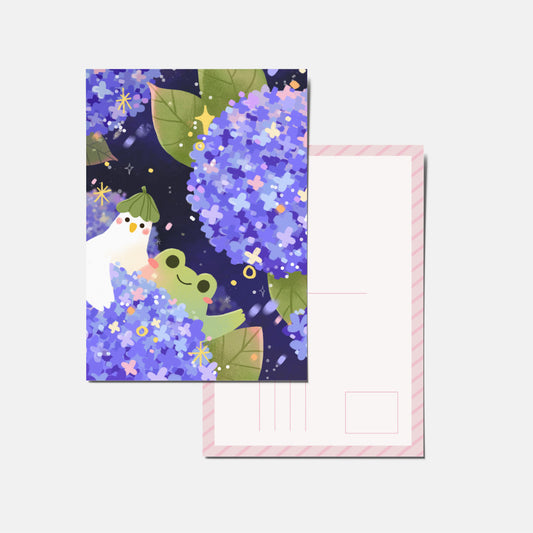 Frog & ducky hydrangea field postcard