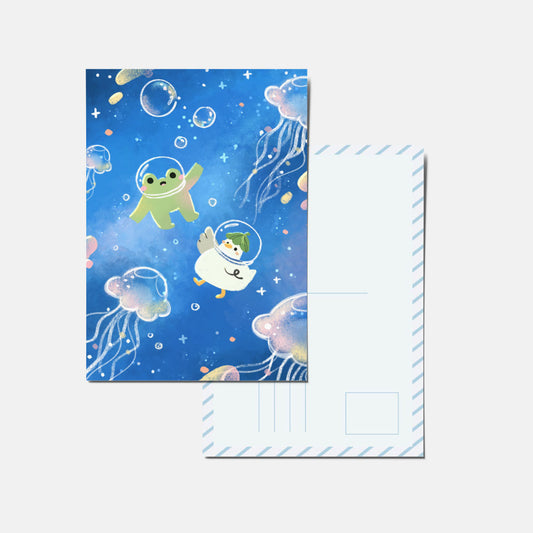 Frog & ducky jelly fish postcard