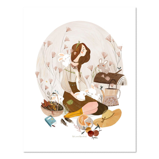 BlueBean Picnic with Bunny Illustration / Art Print