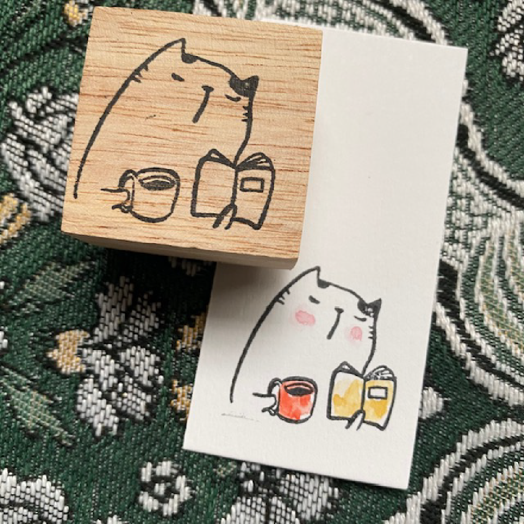 Catdoo rubber stamp - New Café cat with coffee and book