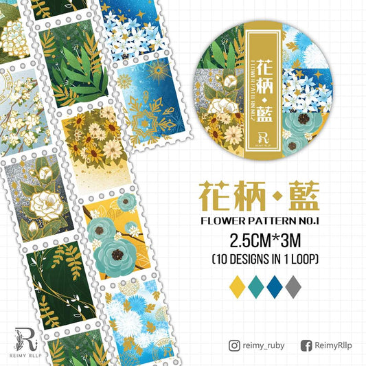 Gold Foil Stamp Washi - Flower Pattern Blue