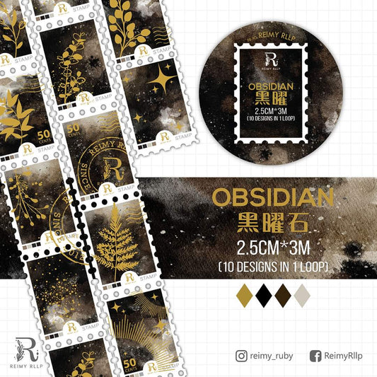 Gold Foil Stamp Washi - Obsidian | Black Stone