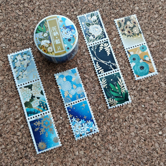 Gold Foil Stamp Washi - Flower Pattern Blue