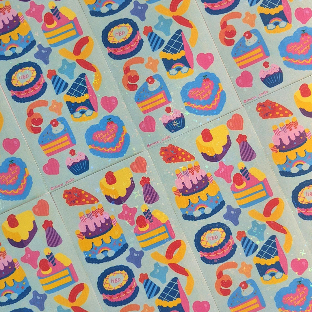 Miaw soda by Hsieying - Cake party! (blue) Holographic Sticker Sheet