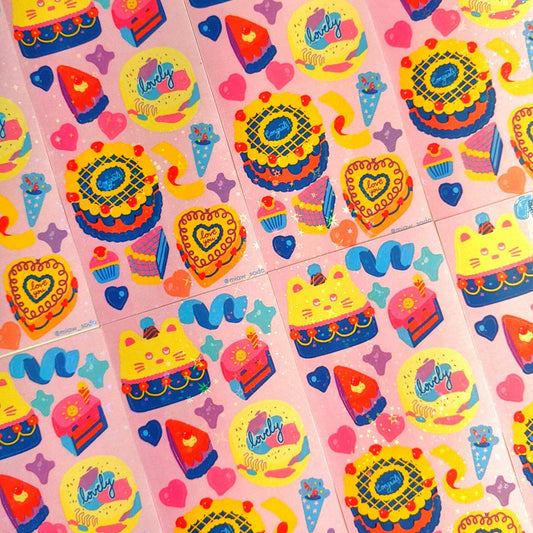 Miaw soda by Hsieying - Cake party! (pink) Holographic Sticker Sheet