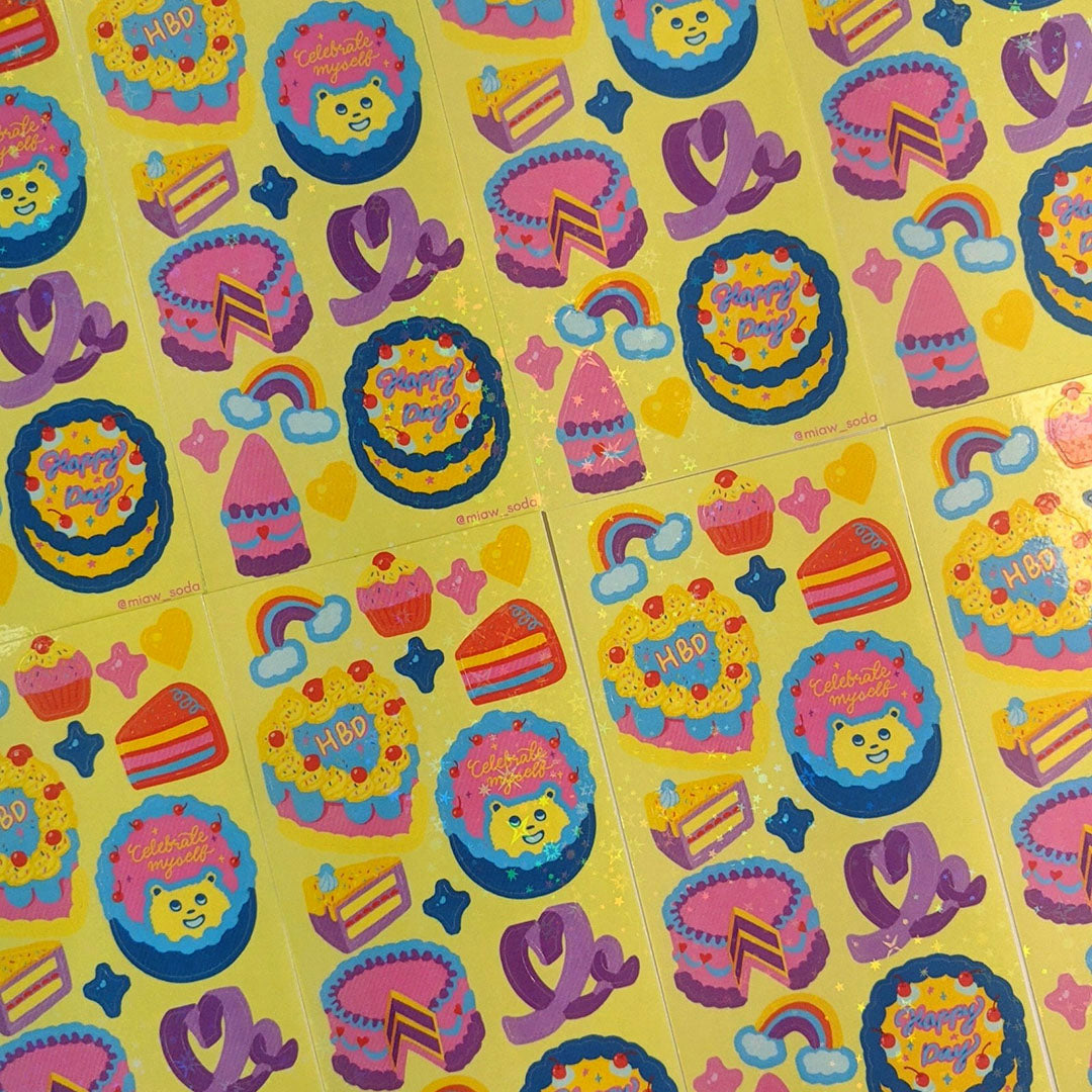 Miaw soda by Hsieying- Cake party! (yellow) Holographic Sticker Sheet