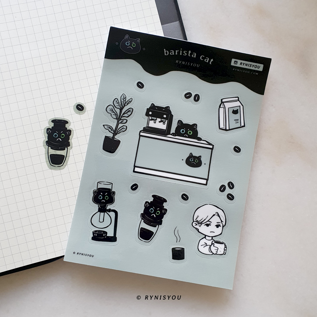 Barista Cat ① Waterproof Transparent Sticker Sheet (A6) – chub.my