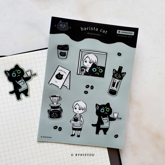 Barista Cat ② Waterproof Transparent Sticker Sheet (A6)
