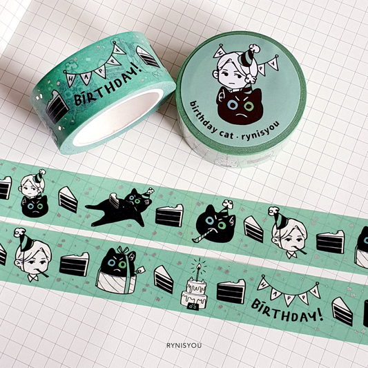 Birthday Cat Washi + Silver Foil Stamping