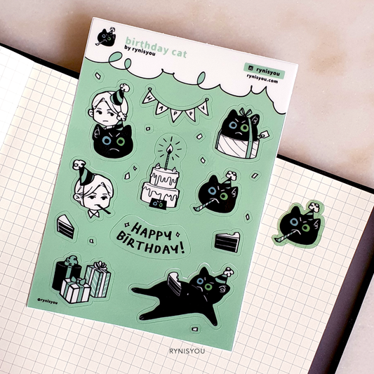 Birthday Cat Waterproof Transparent Sticker Sheet