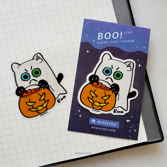 Halloween Boo! Cat (Pumpkin Ghost) Clear Vinyl Sticker