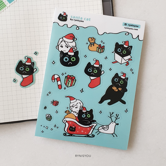 Santa Cat Waterproof Transparent Sticker Sheet