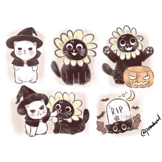 Silly cat stickers Halloween set
