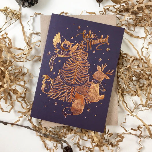 Christmas Card - Furry Navidad - Copper Foil Greeting Card