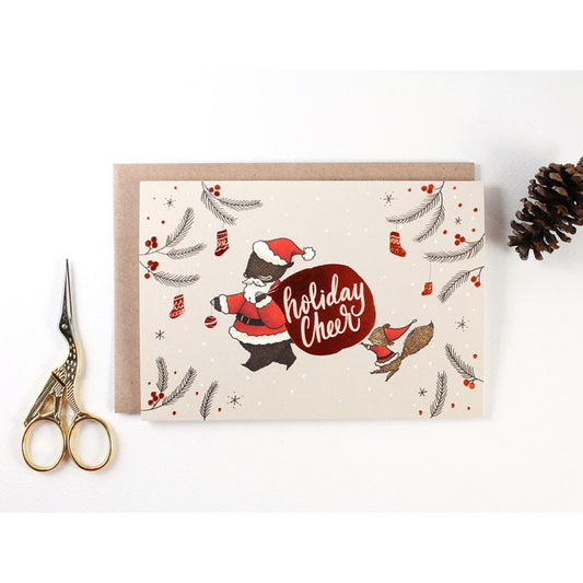 Christmas Card - Holiday Cheer, Santa Bear - Copper Foil Greeting Card