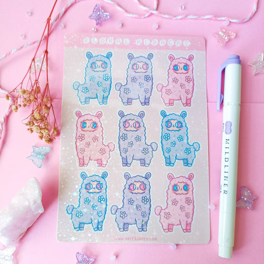 Floral Alpacas Holographic Sticker Sheet