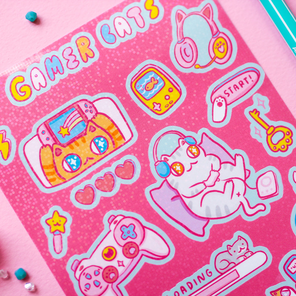 Gamer Cats Holographic Sticker Sheet – chub.my
